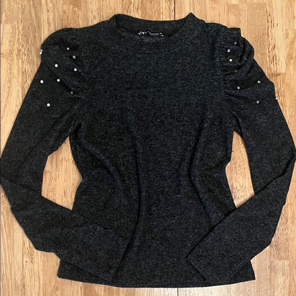 Zara Black Long Sleeve Top with Rhinestone Accents